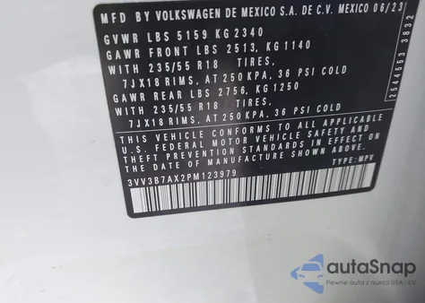 2023 Volkswagen Tiguan 2.0T Se z USA, uszkodzony, nr VIN 3VV3B7AX2PM123979